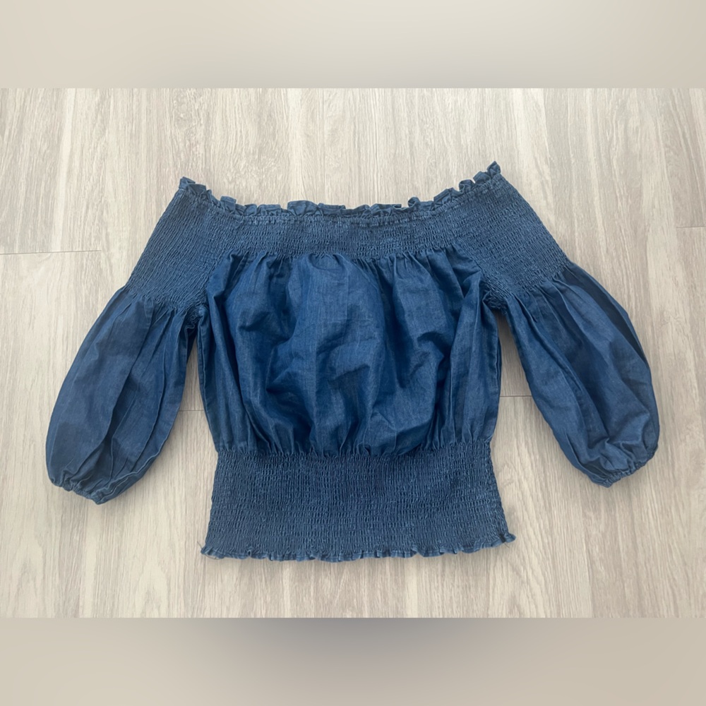 Ashley Stewart Off Shoulder Blouse Size 18 Navy Blue Smocked Peasant Top